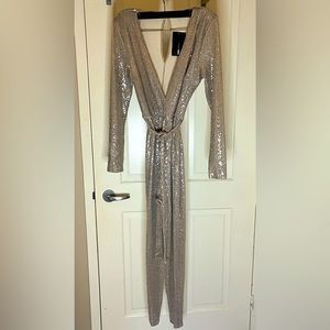 Fashion Nova - Don’t Stop the Party Sequin Jumpsuit in Nude/Silver - Sz 1X